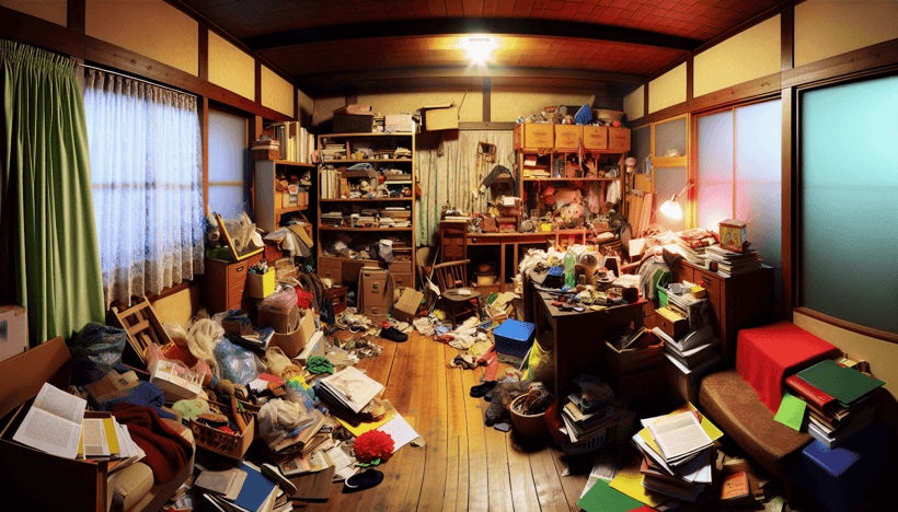 A cluttered room with various items piled up, symbolizing the emotional turmoil and roots of clutter
