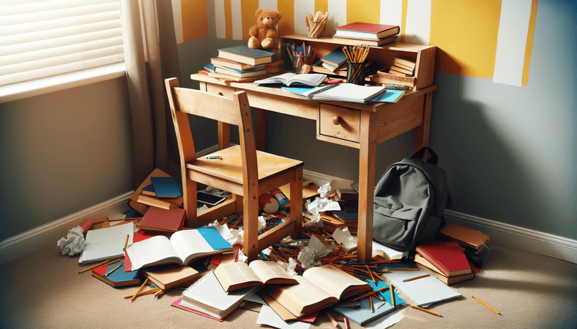 A disorganized study area with scattered books and school supplies, affecting a child's learning environment