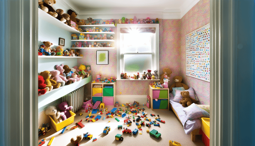 A cluttered room with toys scattered around, creating a chaotic atmosphere