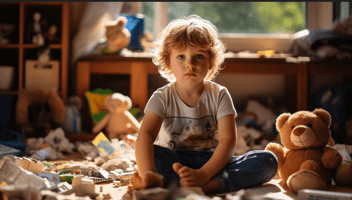A picture of a child surrounded by clutter