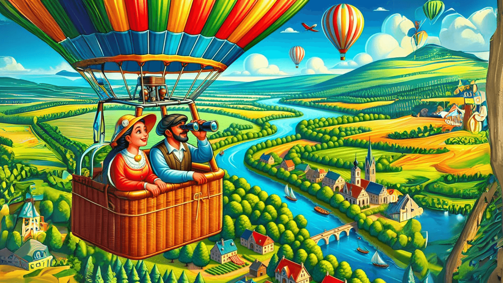Illustration of a vintage, brightly colored hot air balloon floating above a picturesque landscape