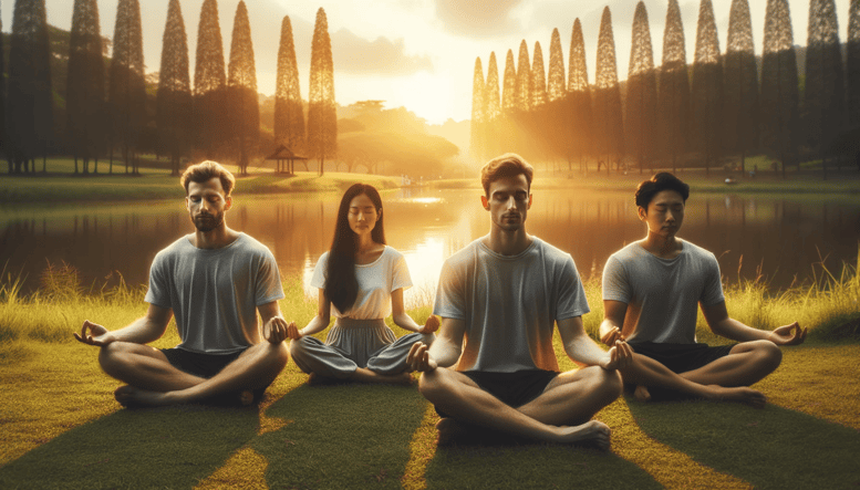 Serene outdoor setting with a diverse group of three individuals meditating