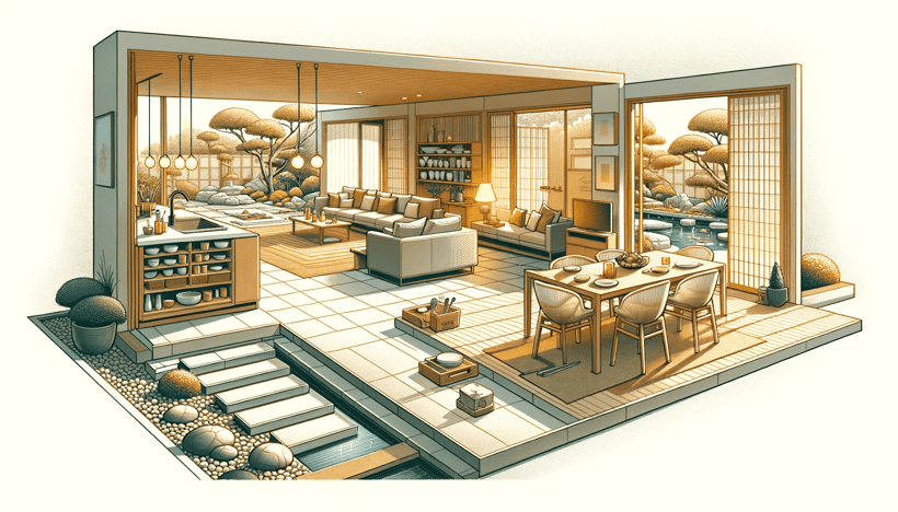Illustration of an open-concept house interior with a harmonious color palette.