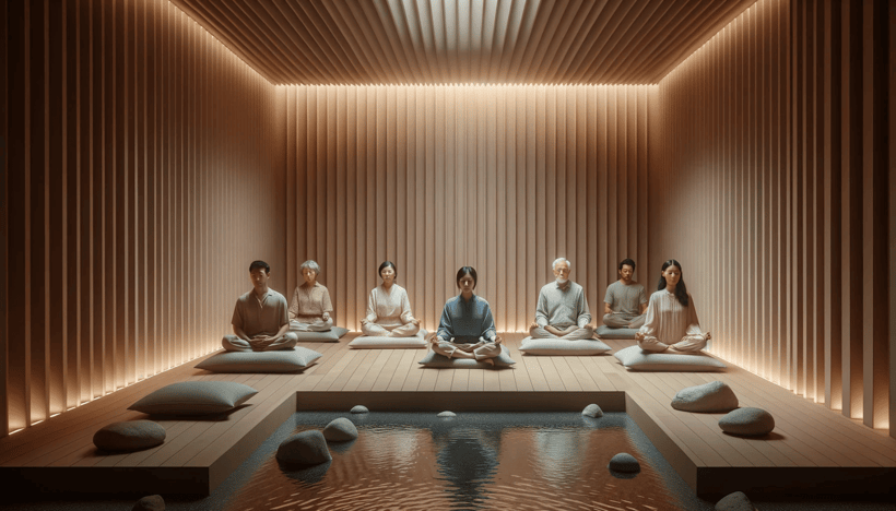 Photo of a serene meditation room with dim lighting.