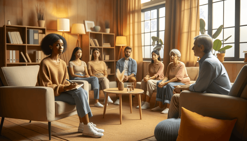 Photo of a warmly lit therapist's office with a group of people