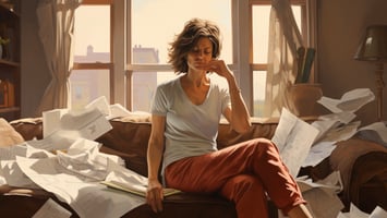 A woman sitting on a couch with cluttered papers around.