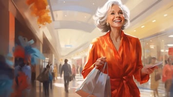 A woman in an orange dress looks happily shopping.
