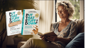 A smiling middle-aged woman reading a book with the images of Put That Stuff Down books 1 and 2