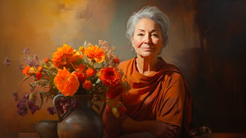 A beautiful grandma by the pretty flower vase.