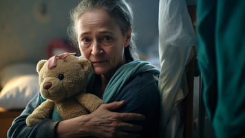 A sad old woman hugging a teddy bear