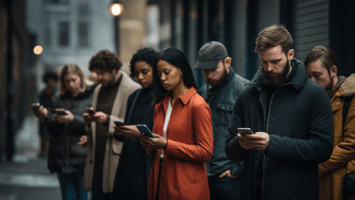 A picture of a group of people lining up and looking at their phones