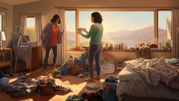 A cluttered bedroom with two women
