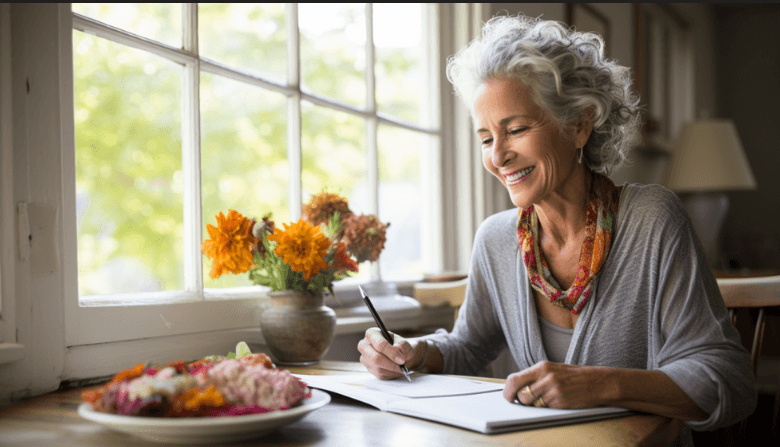 An old woman is sitting at the table and writing her goal.