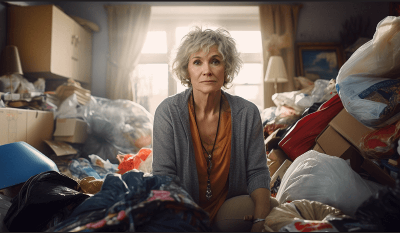 A picture of an old woman surrounded by a lot of clutter