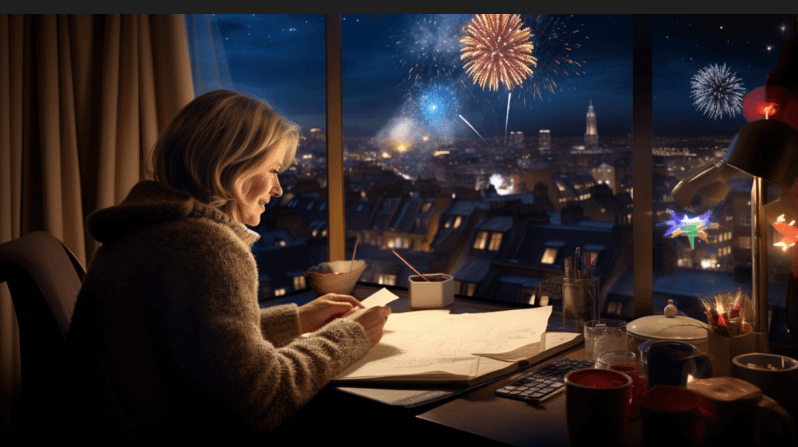 There were fireworks and a woman sitting by the window and looking at some holiday cards.
