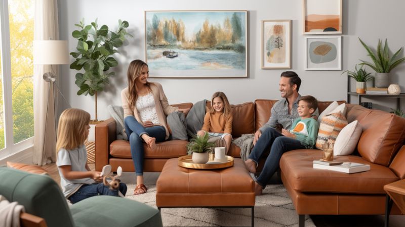 A happy family of five, with parents and three kids, spending quality time together in their cozy living room.