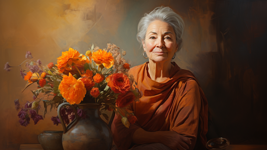 A beautiful grandma by the pretty flower vase.