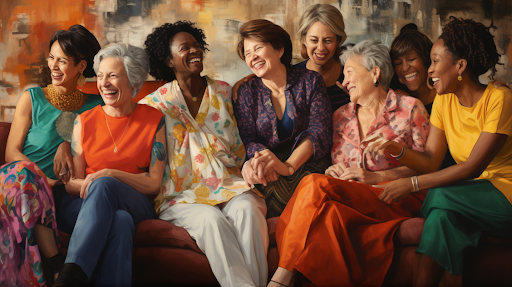 Eight women are sitting on the sofa and looking very happy.