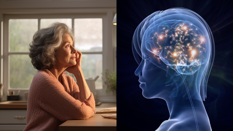 A gray-haired woman and a picture of a brain in science
