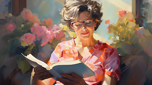 A short hair woman reading a book